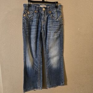 MEK Denim Mens Lincoln Bootcut Distressed Embellished Blue Jeans Button Fly30x32